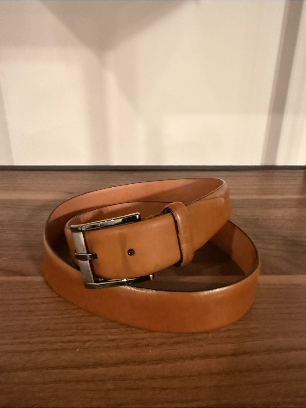 Men's Tan Genuine Leather Belt with Polished Silver Buckle